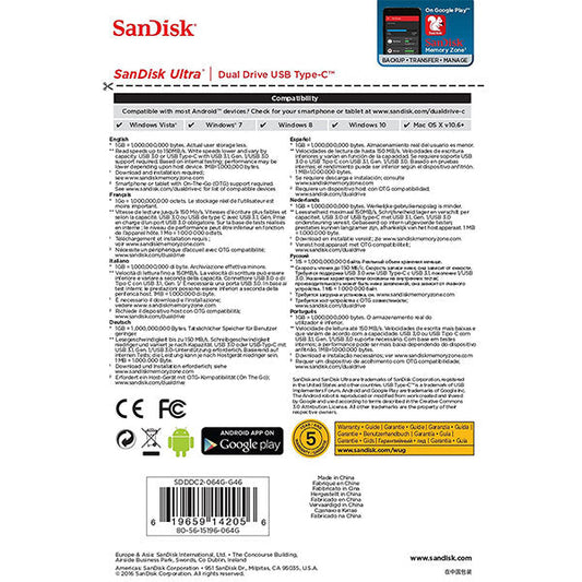 NNEDSZ ULTRA 64GB SDDDC2-064G Dual USB Drive Type-C 3.1